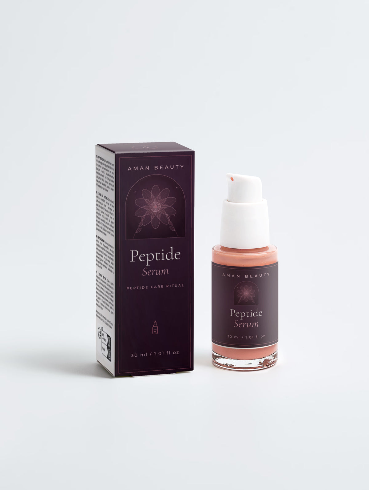 Peptide Serum, 30 ml, Pumpflasche neben der Faltschachtel